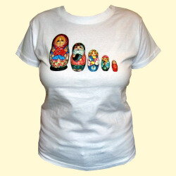 Camiseta divertida feminina Matrioska (cor branca, tamanho L)