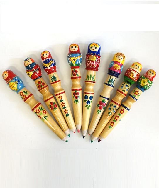 Lápis de cor 29 cm com boneca russa matryoshka de 3 peças