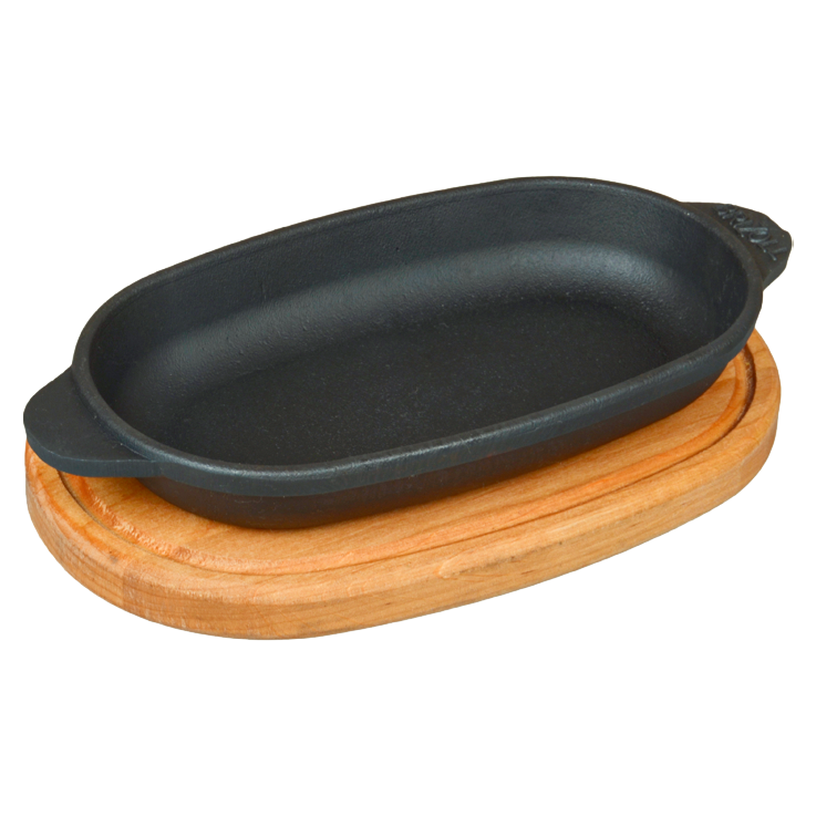 La sarten oval del hierro fundido, con el soporte de madera "Brizoll" H1810, 18 h 10 x 2,5 cm