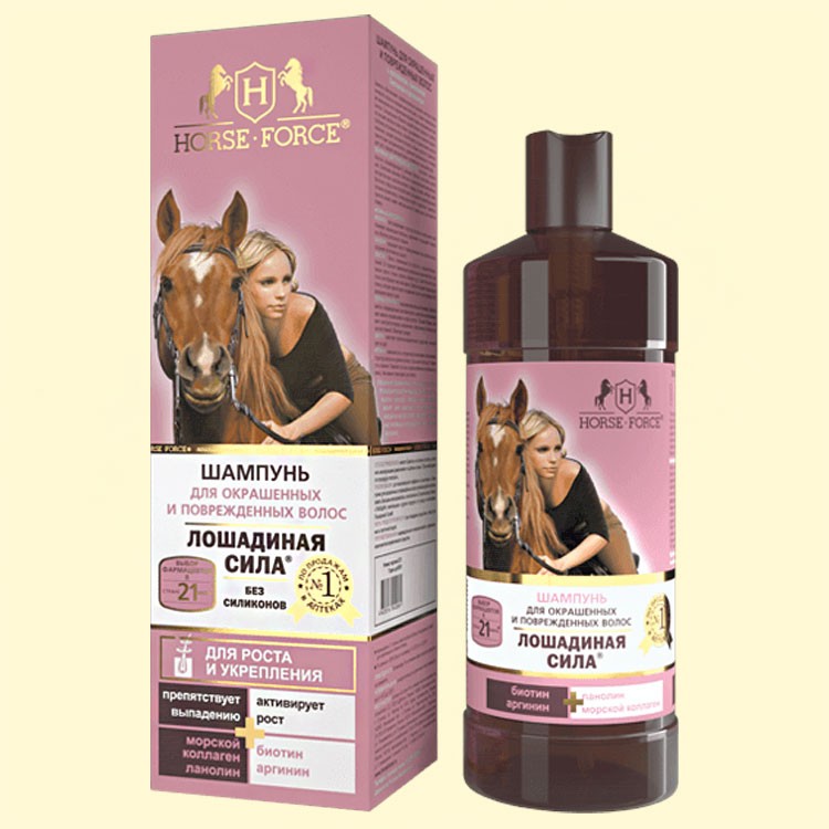 El champu "el Caballo de fuerza" para los cabellos colorados y estropeados, 500 ml