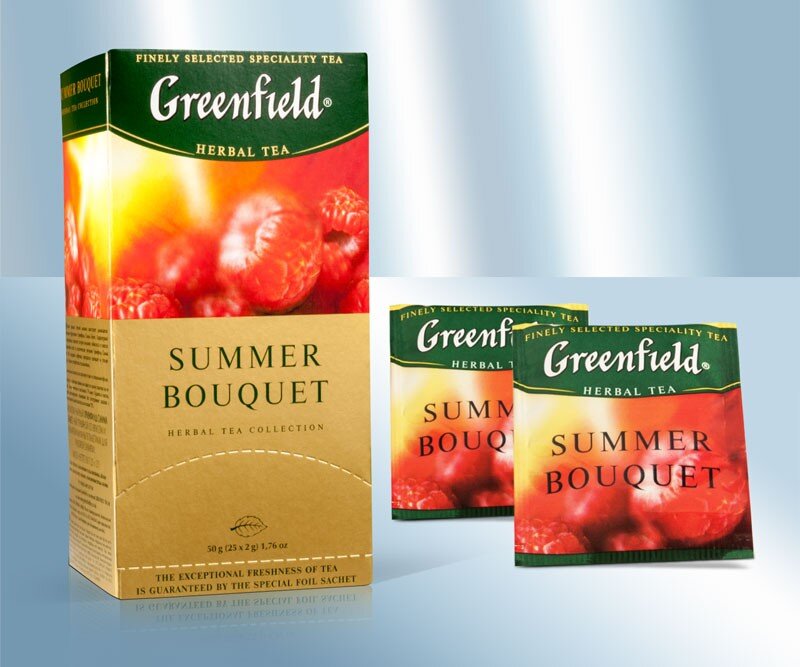 Chá de ervas em saquinhos com aroma de framboesa "Greenfield" Summer Bouguet, 50 g, 25 saquinhos