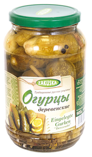 Comida russa. Pepininhos em conserva "Derevenskie", 880 g