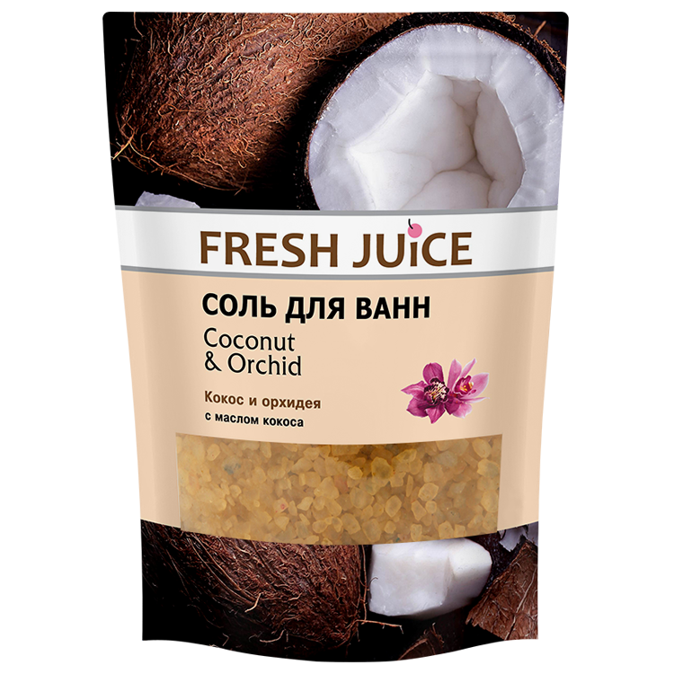 Соль для ванн "Fresh Juice" Кокос и орхидея, с маслом кокоса, Дой-пак, 500 мл Соль для ванн "Fresh Juice" Кокос и орхидея, с маслом кокоса, Дой-пак, 500 мл