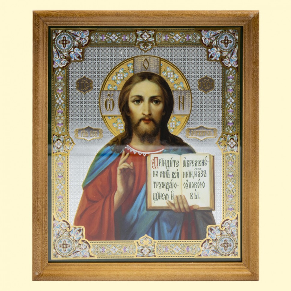 El icono "el Salvador" el marco de madera, bajo el cristal, 20 x 24 cm