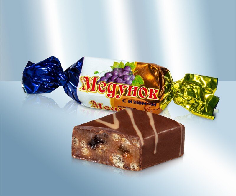 Chocolates russos. Bombons com cobertura de chocolate "Medunok com uva" Bielorrússia, 100 g