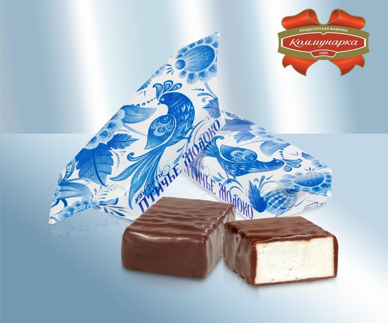Chocolates russos. Bombons com cobertura de chocolate "Leite de pássaro", 100 g