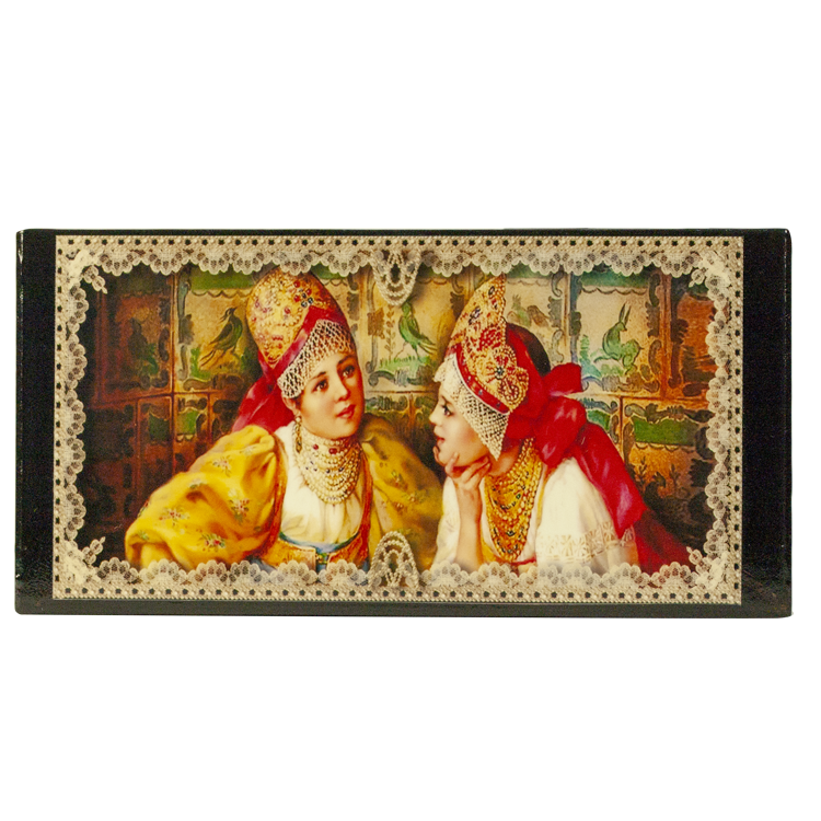 Caixa lacada com desenho tradicional russo, altura 3,5 cm, mede 17 x 8,5 cm