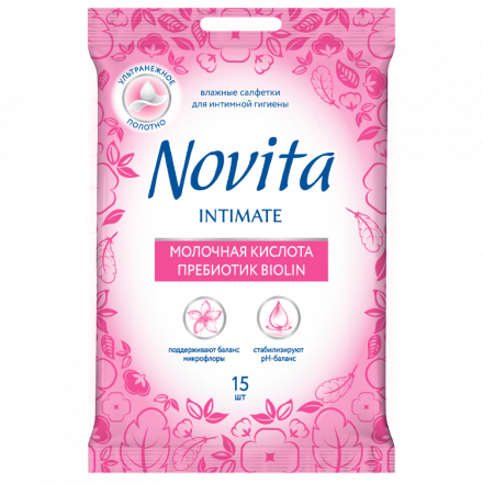 Влажные салфетки для интимной гигиены Novita c молочной кислотой, 15 шт