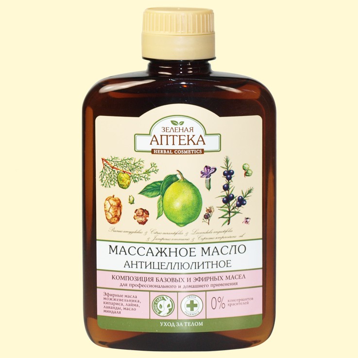 El aceite de masaje "la farmacia Verde" 200 ml, contra la celulitis, la composicion basico y los ole