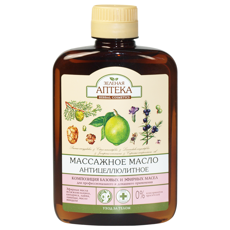 El aceite de masaje "la farmacia Verde" 200 ml, contra la celulitis, la composicion basico y los ole
