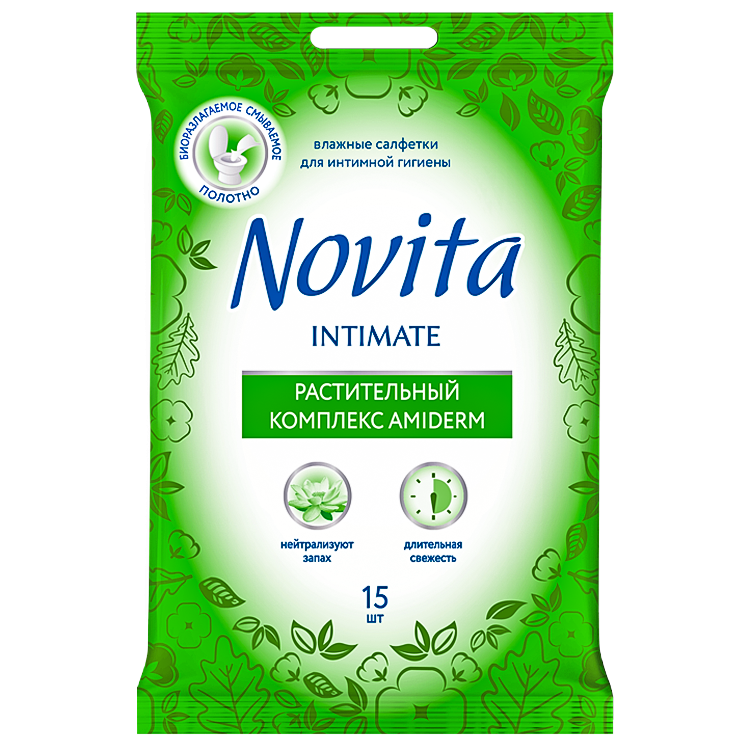 Las servilletas humedas para la higiene intima "Novita" el complejo Amiderm vegetal, 15 sht