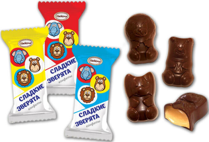 Bombons com cobertura de chocolate "Sladkiye zveryata", "Akkond" Rússia, 100 g