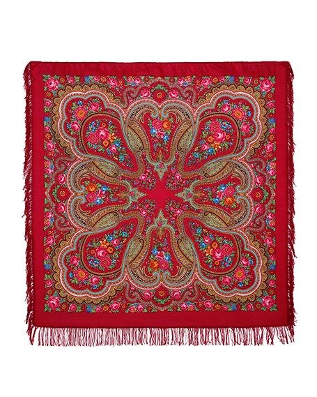Cachecol para presente tradicional do folclore russo, 100% lã, "Pavlovskiy Posad", 146 x 146 cm