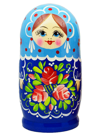 Bonecas russas Matrioshka "Rossiyanochka" azul, 5 peças, 16 cm (altura)