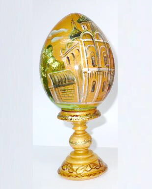 Huevo pintado, diseno exclusivo, madera, 19 cm con soporte
