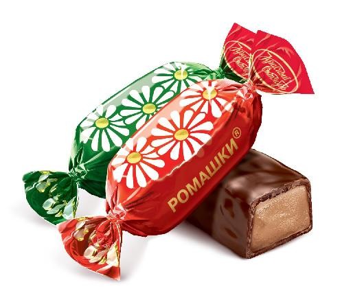 Chocolates russos. Bombons com cobertura de chocolate "Romashki", Rússia, 100 g