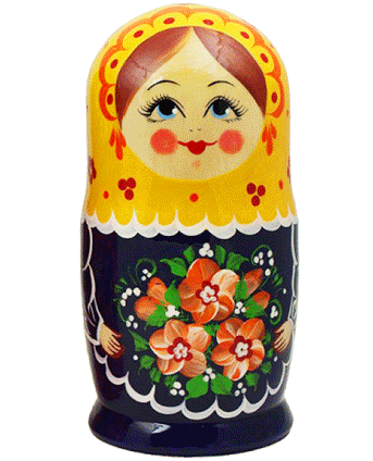 Bonecas russas Matrioshka "Rossiyanochka" amarelas, 5 peças, 16 cm (altura)