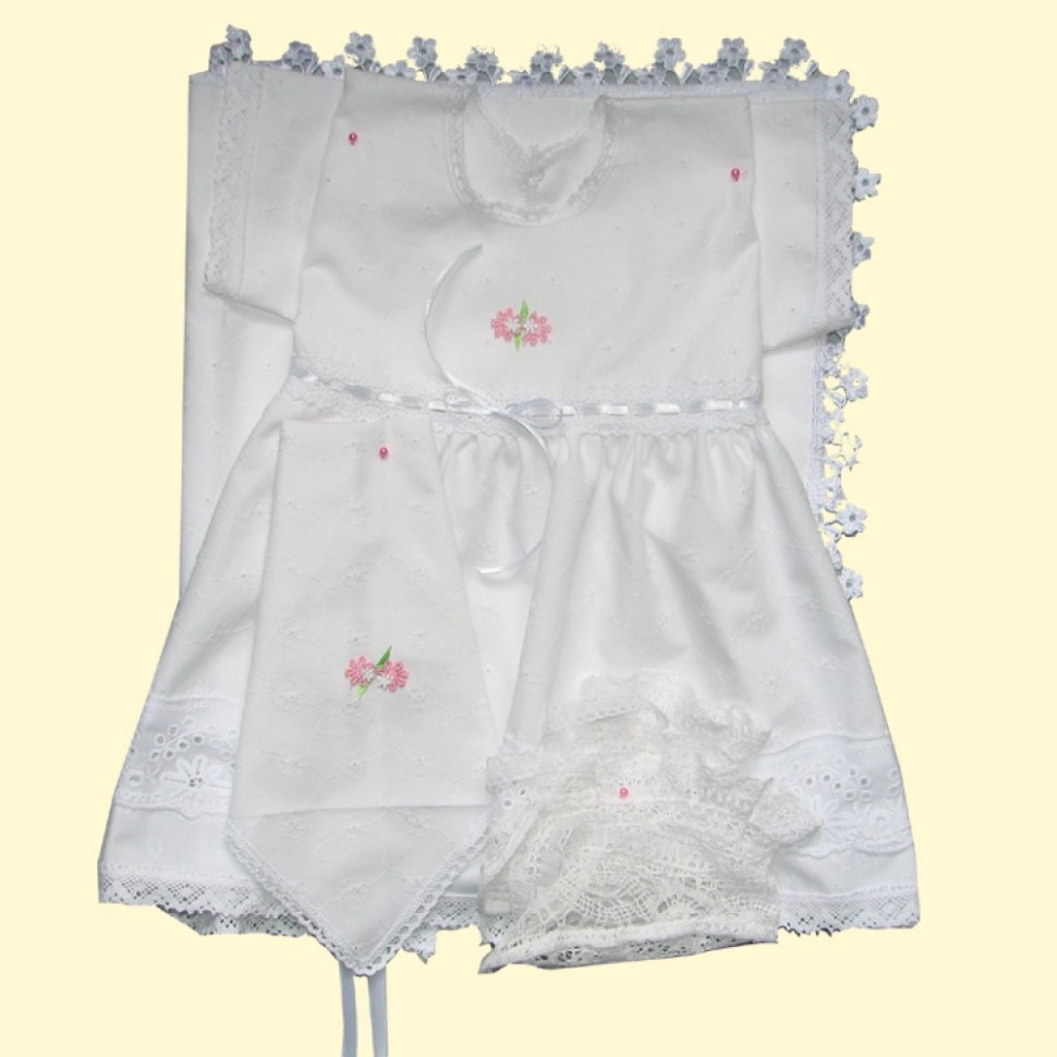 Крестильный набор для девочки (платье+косынка+полотенце+пинетки)