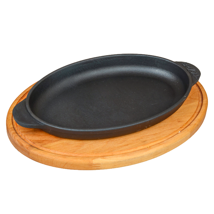 Сковорода овальная из чугуна с деревянной подставкой "Brizoll" H2214-D, 22 х 14 x 2,5 см
