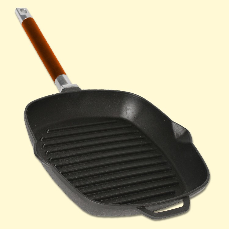 La sarten-grill de hierro fundido, 26 h 26 cm, con la mano desmontable, para todos los tipos de las 