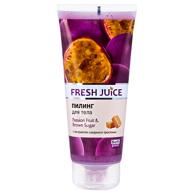 El peeling para el cuerpo "Fresh Juice" la fruta Apasionada y el azucar castano oscuro, 200 ml