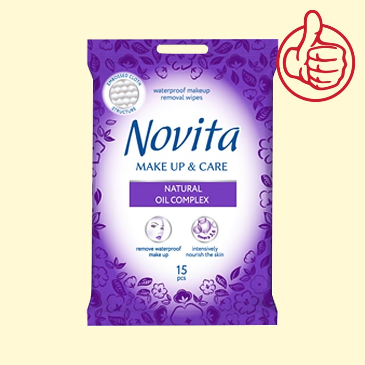 Влажные салфетки для удаления макияжа "Novita" комплекс натуральных масел, 15 шт