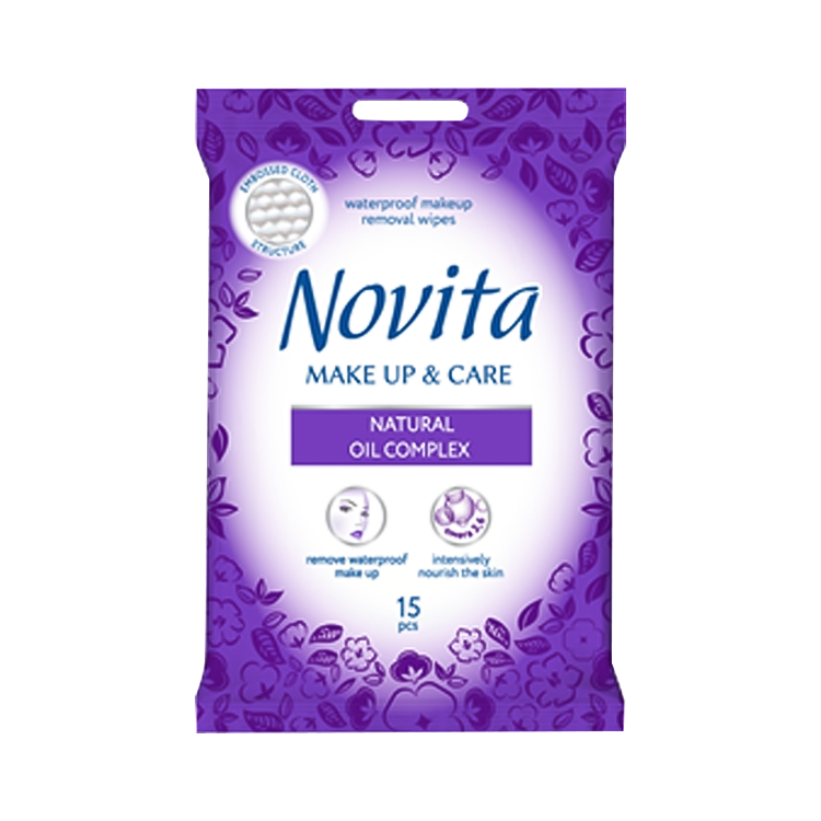 Влажные салфетки для удаления макияжа "Novita" комплекс натуральных масел, 15 шт
